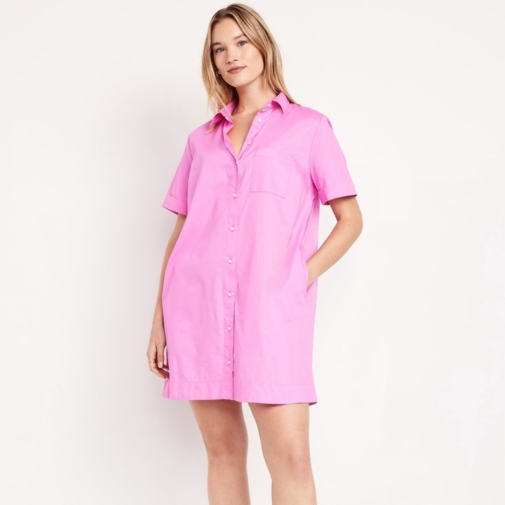 NWT! Old Navy Vivid Begonia Pink Cotton Button-Down Mini Shirt Dress - Multiple